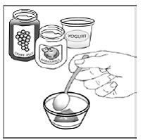 Place 1 to 2 teaspoons of soft food such as applesauce,  grape jelly, or yogurt in the small container - Illustration